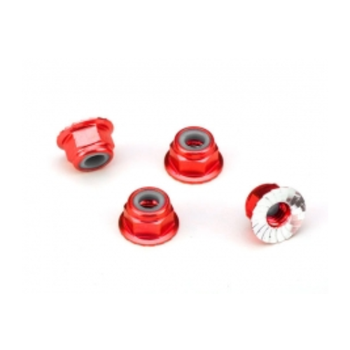 TRAXXAS NUTS, ALUM, FLANGED, SERRATED (4MM) (RED-ANODIZED) (4)