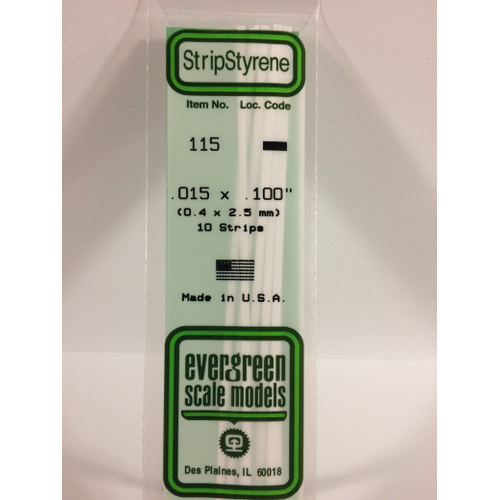Evergreen White Polystyrene Strip 0.015 x 0.100 x 14" / 0.38mm x 2.5mm x 36cm (10)