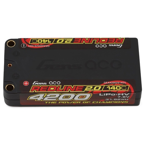 Gens Ace Redline 2.0 2S Shorty LiHV Battery 140C (7.6V/4200mAh) w/5mm Bullets
