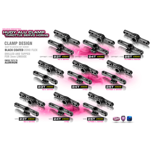 HUDY ALU CLAMP THROTTLE SERVO HORN - FUTABA, SAVOX - 2-HOLE - M3 - 25T - HD293449