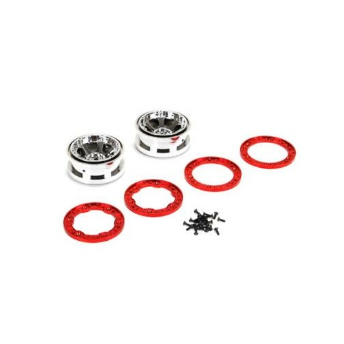 Losi 2.2 Inch Beadlock Wheels, Chrome With Red Rings:  Night Crawler 2.0 - Los43005