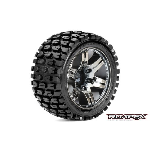 TRACKER 1/10 STADIUM TRUCK TIRE CHROME BLACK WHEEL WITH 1/2 OFFSET 12MM HEX MOUNTED
