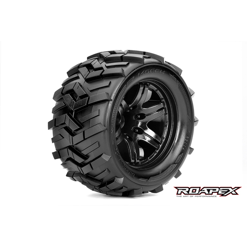 MORPH 1/10 MONSTER TRUCK TIRE BLACK WHEEL WITH 1/2 OFFSET 12MM HEX MOUNTED