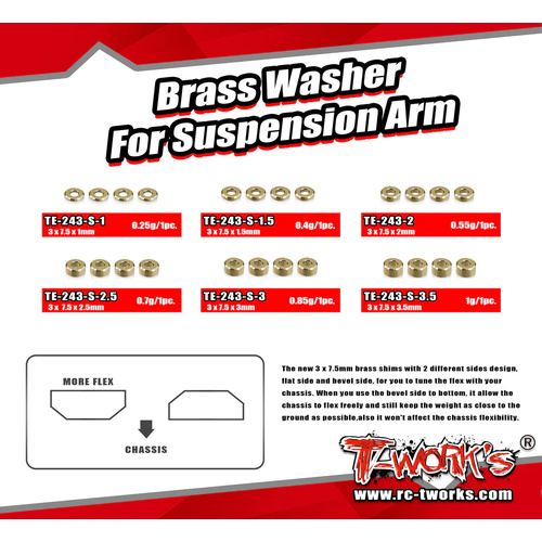 TWORKS BRASS WASHER SET FOR SUSPENSION ARM 3 X 7.5 X2MM ( EACH 4PCS. ) - TE-243-S-2
