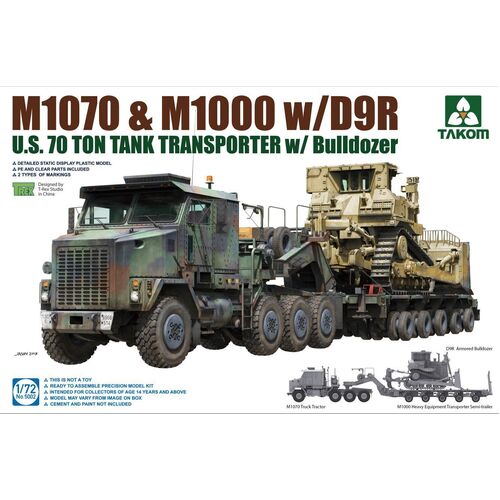 Takom 1/72 U.S. M1070&M1000 w/D9R 70 Ton Tank Transporter w/Bulldozer Plastic Model Kit