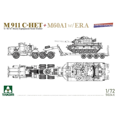 Takom 1/72 M911 C-HET w/M747 Heavy Equipment Semi-Trailer + M60A1 w/ERA Plastic Model Kit