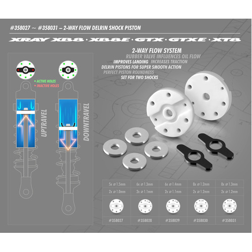 XRAY 2-WAY FLOW DELRIN SHOCK PISTON 6-H. (1.4MM) & 2-H. (1.1MM) (2) - XY358029